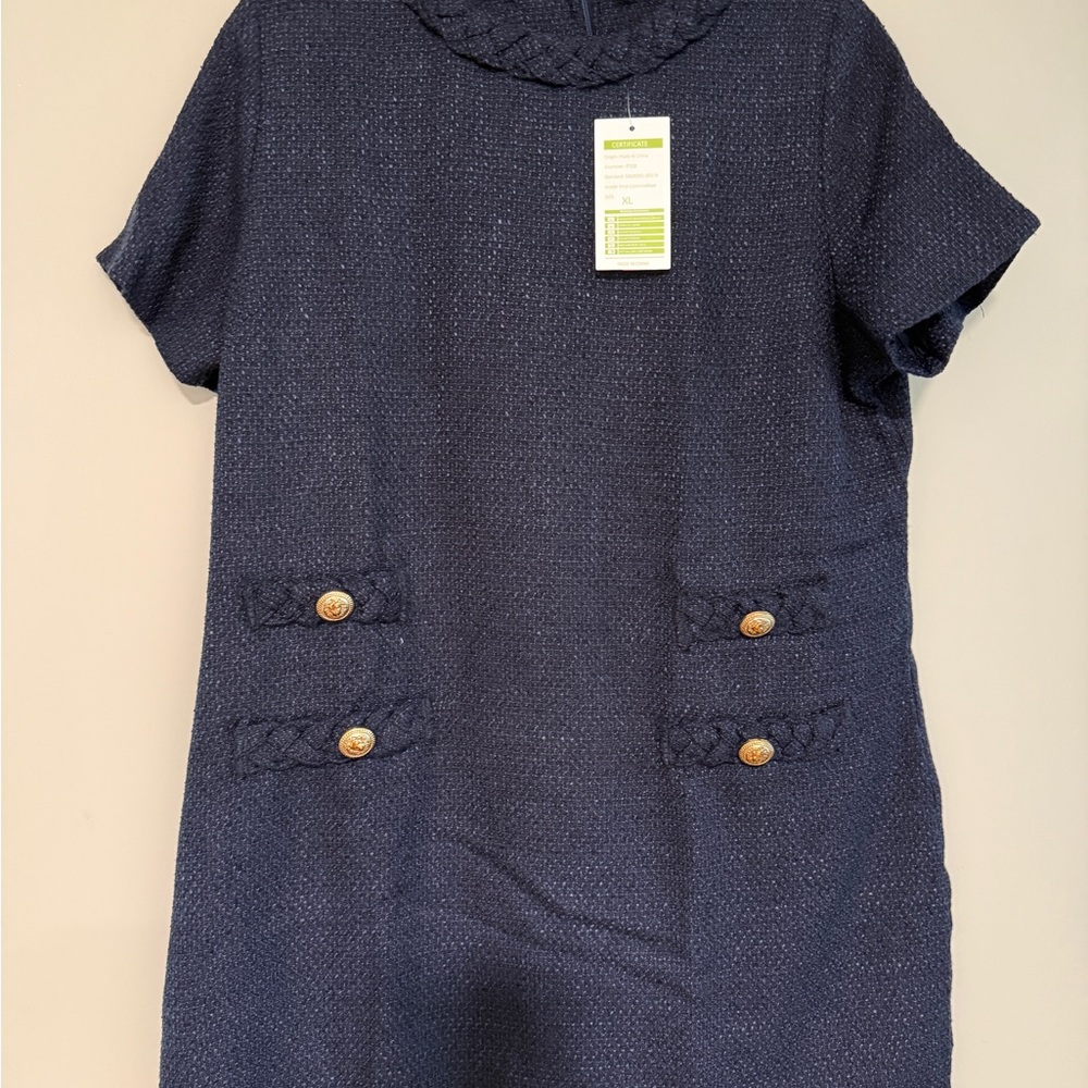 Navy Tweed Short Sleeve Dress with Button Accents, XL, new with tags